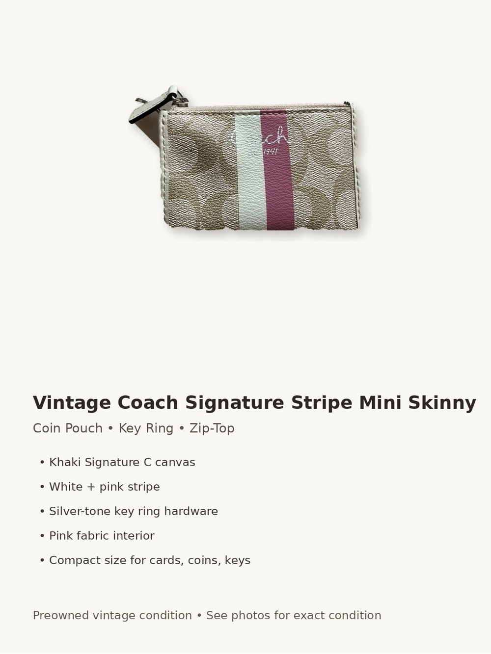 Coach Beige Signature Card Case Keyring with Pink & White Stripes